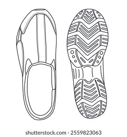 Women's Mules travel sport shoes Line art, Technical sketch hand drawing outline vector doodle top and bottom view isolated on white background for coloring page