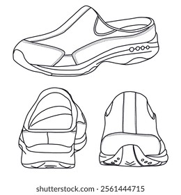 Women's Mules travel sport shoes Line art, Technical sketch hand drawing outline vector doodle various view isolated on white background for coloring page