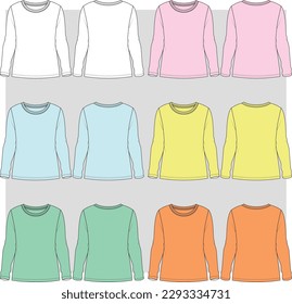 Women's multi color round neck full sleeve t shirt flat sketch