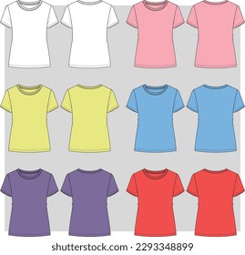Women's multi color round neck t shirt flat sketch