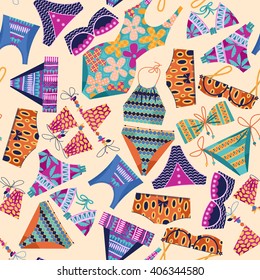 Women's multi-colored swimsuits. Bathing suit various models. Seamless background pattern. Vector illustration