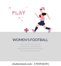 Women's national football team. Female soccer player runs after a ball in a pink uniform. Banner. Photo on a t-shirt.