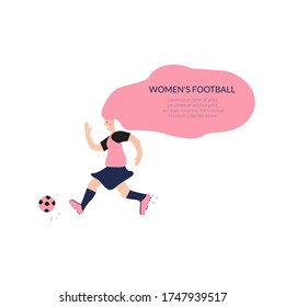 Women's national football team. A female soccer player with long pink hair runs after the ball. Banner. Illustration on a t-shirt.