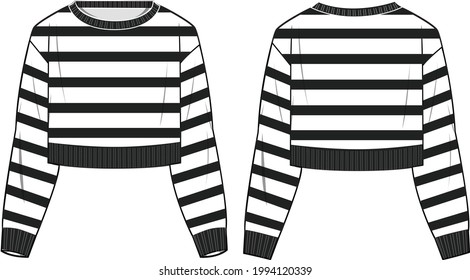 Women's Nautical Stripe Crop Sweater - Sweater technische Modegrafik. Flaches Bekleidungspult, Vorder- und Rückseite, weiße Farbe. Das CAD-Modell für Frauen.