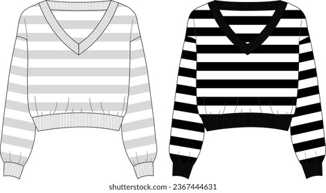 Women's Nautical Striped Crop Sweater- Sweater technical fashion illustration. oversiz sweatshirt for women