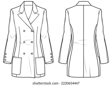 Esbozo plano de la solapa de la nocha de las mujeres, ilustración de la moda vista frontal y posterior, traje de abrigo de la ropa de trabajo con doble botón técnico dibujo plantilla vectorial de dibujo. Ropa formal