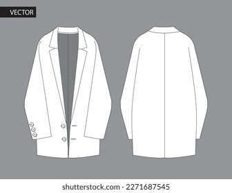 Women's Notch lapel  flat sketch fashion illustration front and back view, Work wear coat suit with double button technical drawing vector template. Formal wear coat
