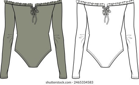 Women's Off The Shoulder Bodysuit. Technical fashion illustration. Front, white and khaki color. Women's CAD mock-up.