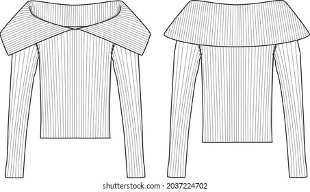 Women's Off The Shoulder, Fitted  Jumper. Jumper technical fashion illustration. Flat apparel jumper template front and back, white colour. Women's CAD mock-up.