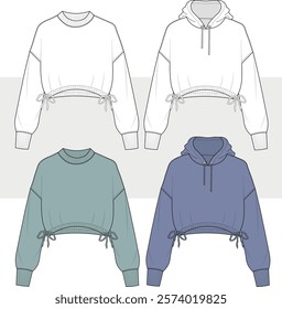 Women's off shoulder hoodie sweatshirt long sleeve with drawstring adjustable hem fashion flat sketch technical drawing template design vector, white, cad, mockup.