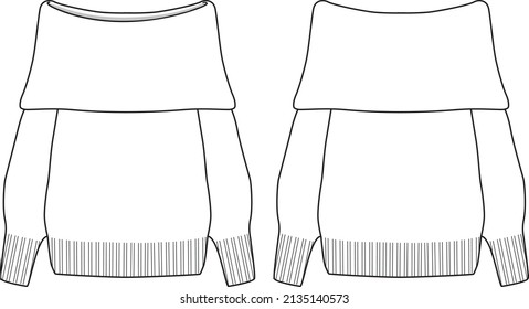 Women's Off The Shoulder Sweater- Sweater technical fashion illustration. Flat apparel sweater template front and back, white colour. Women's CAD mock-up.