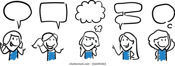 Womens office workers having discussion with speech bubbles. Girl hand drawn doodle line art cartoon design character - isolated vector illustration outline of woman.
