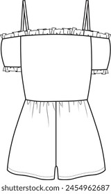 Women's Off-Shoulder Frill Detailed Playsuit. Technical fashion illustration. Front, white colour. Women's CAD mock-up.