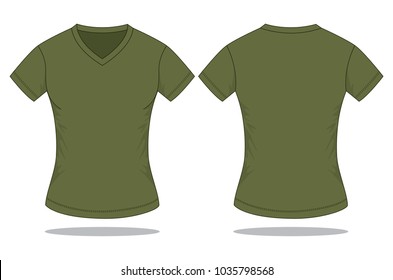 Women's Olive Green Short Sleeve V-Neck T-Shirt Template on White Background.Front and Back View.