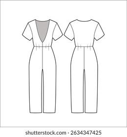 Women's open front jumpsuit design flat sketch fashion illustration with front and back view, long sleeve