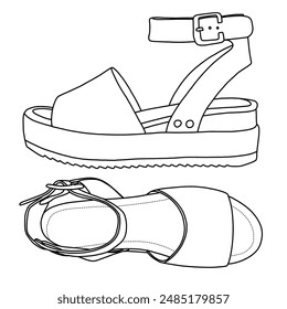 Women's Open Toe Buckle Ankle Strap Wedge Casual Sandal Line art, Technical sketch drawing outline vector doodle illustration side and top  view, isolated on white background