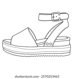 Women's Open Toe Buckle Ankle Strap Espadrilles Platform line art, Technical sketch hand drawing outline vector doodle side view isolated on white background for coloring page
