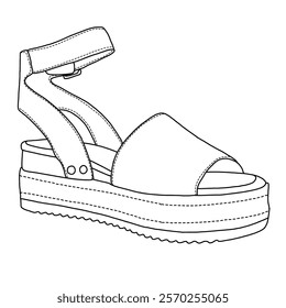 Women's Open Toe Buckle Ankle Strap Espadrilles Platform line art, Technical sketch hand drawing outline vector doodle side view isolated on white background for coloring page