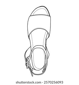 Women's Open Toe Buckle Ankle Strap Espadrilles Platform line art, Technical sketch hand drawing outline vector doodle top view isolated on white background for coloring page