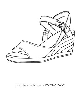 Women's Open Toe Buckle Ankle Strap Espadrilles Platform Wedge Casual Sandal line art, Technical sketch hand drawing outline vector doodle side view isolated on white background for coloring page