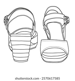 Women's Open Toe Buckle Ankle Strap Espadrilles Platform Wedge Casual Sandal line art, Technical sketch hand drawing outline vector doodle front and rear view isolated on white background for coloring