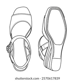 Women's Open Toe Buckle Ankle Strap Espadrilles Platform Wedge Casual Sandal line art, Technical sketch hand drawing outline vector doodle top and bottom view isolated on white background for coloring