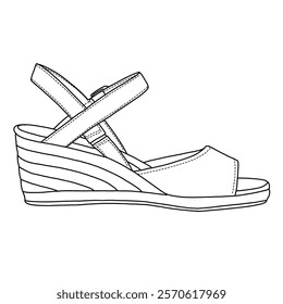 Women's Open Toe Buckle Ankle Strap Espadrilles Platform Wedge Casual Sandal line art, Technical sketch hand drawing outline vector doodle side view isolated on white background for coloring page