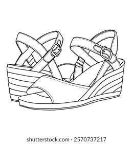 Women's Open Toe Buckle Ankle Strap Espadrilles Platform Wedge Casual Sandal line art, Technical sketch hand drawing outline vector doodle rear and side view isolated on white background for coloring 