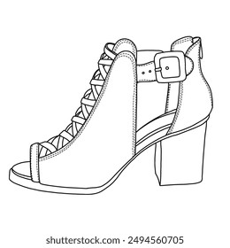 Women's Open Toe Crisscross Straps Back Zipper High Heel Fashion Sandal with Adjustable Ankle Strap Line art, Technical sketch hand drawing outline vector doodle illustration isolated on white 