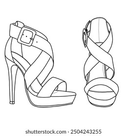 Women's Open Toe High Stilettos Platform Party Pump Heel Sandals Line art, Technical sketch hand drawing outline vector doodle illustration side and front view isolated on white background