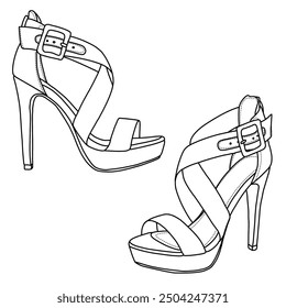 Women's Open Toe High Stilettos Platform Party Pump Heel Sandals Line art, Technical sketch hand drawing outline vector doodle illustration side and isometric view isolated on white background