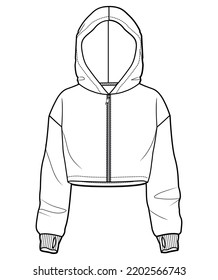 womens open zipper long sleeve cropped hooded sweatshirt flat sketch vector illustration template. cad mockup.