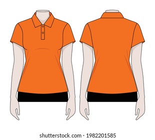 Women's Orange Short Sleeve Polo Shirt Template Vector On White Background.Front And Back View.