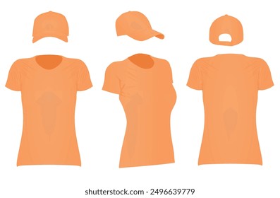 Women's orange t shirt and baseball cap. vector illustration