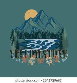 women's outdoors vector prints, Mountain camping. Adventure vintage print design for t shirt and others. National park graphic artwork for sticker, poster, background.