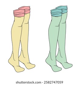Women's over the knee socks design technical flat sketch vector mockup template.
