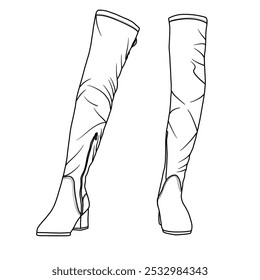 Sobre la rodilla del muslo de las mujeres Botas de tacón grueso largo Stretch Sexy Boots Arte de línea, bosquejo técnico dibujo a mano delineado Vector doodle ilustración vista frontal aislado sobre fondo blanco