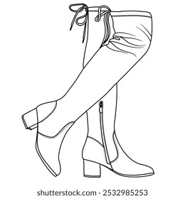 Women's Over The Knee Thigh High Chunky Heel Boots Long Stretch Sexy Boots Zipper Line art, Technical sketch hand drawing outline vector doodle illustration side view isolated on white background