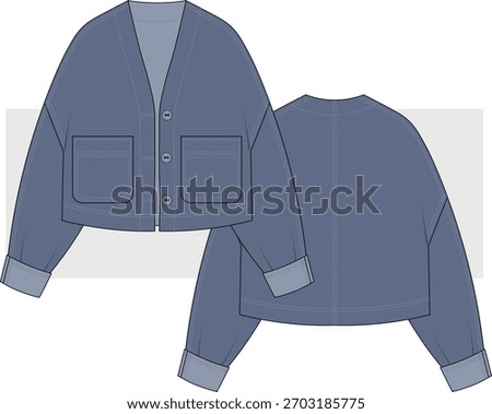 Women's oversize denim jacket, coat fashion technical drawing, illustration. Stylish jacket vector.  Front and back view, CAD, Mockup Set.