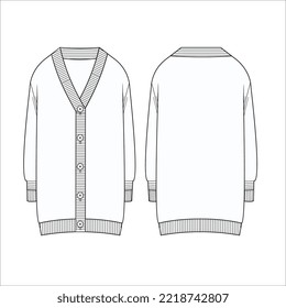 Women's Oversize long Cardigan.  technical fashion illustration. Flat apparel cardigan template front and back, white colour. Unisex CAD