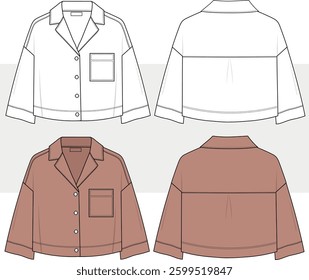 Women's oversize long sleeve loose crop shirt with buttons fashion illustration, technical drawing, sketch, template, flat, mock-up. Shirt front, back view.