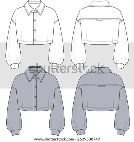 Women's oversize Shirt, Jacket technical fashion Illustration. Crop Shirt fashion flat sketch drawing, vector. Front and back view, CAD mockup.
