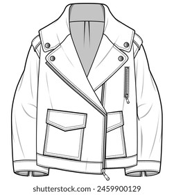 womens oversized biker jacket with cargo pockets flat sketch vector illustration technical cad drawing template