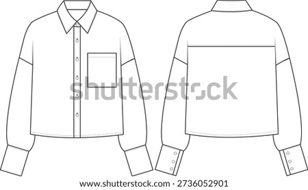 Women's Oversized Boxy Shirt Technical Flat Sketch, Drop Shoulder Button Down Blouse Template Front and Back View