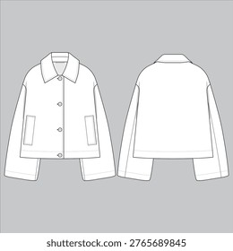 Women's Oversized Collared Button Front Cropped Jacket Fashion Flat Sketch, Front and Back Technical Drawing