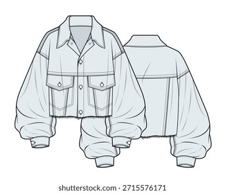 Plantilla de maqueta de Vector de boceto plano técnico de diseño de chaqueta de mezclilla de gran tamaño para mujer.