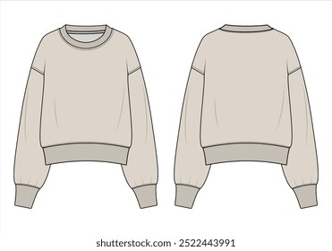 Women's oversized sweatshirt Long sleeve fashion flat technical drawing template. Flat sketch template raglan sleeve, round neck, front and back view, CAD mockup.