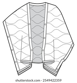 mulheres acolchoado acolchoado poncho jaqueta plana esboço vetor ilustração técnica cad modelo de desenho