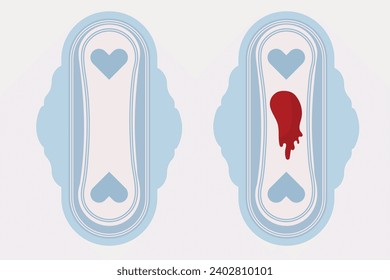 Women's pads. Flat vector illustration of feminine hygiene products for menstruation before and after use.