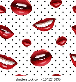 Womens painted lips seamless pattern. Red kiss with dazzling white teeth female romantic makeup with beautiful sexy decoration marks passion and admiration seductive vector.